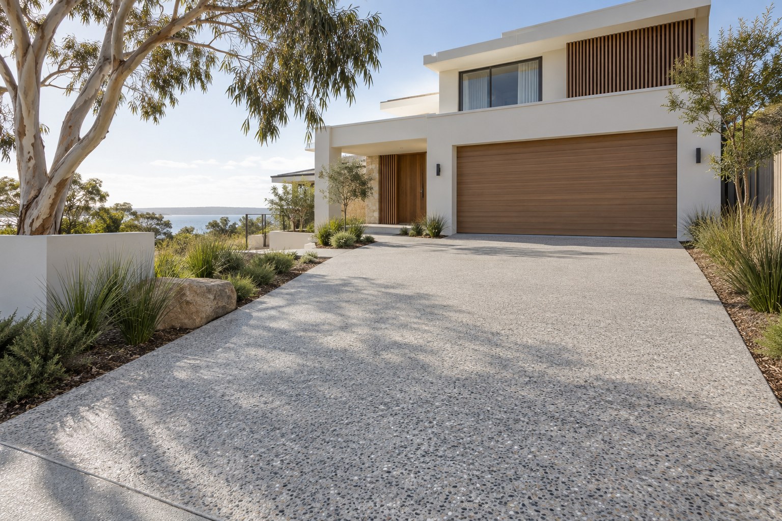 Modern Australian home with a light grey aggregate driveway